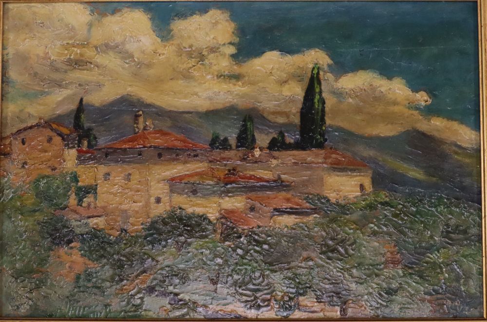 Anne Holmstrom, oil on board, The Farm near ..., signed, 26 x 40cm